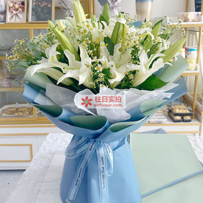 赤峰8支白色多头百合洋甘菊，互倾的思念