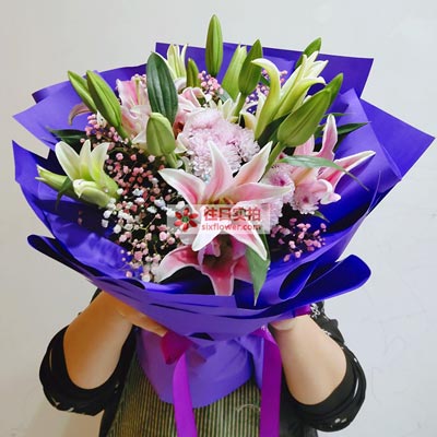 赤峰6支粉色多头百合，真诚的问候